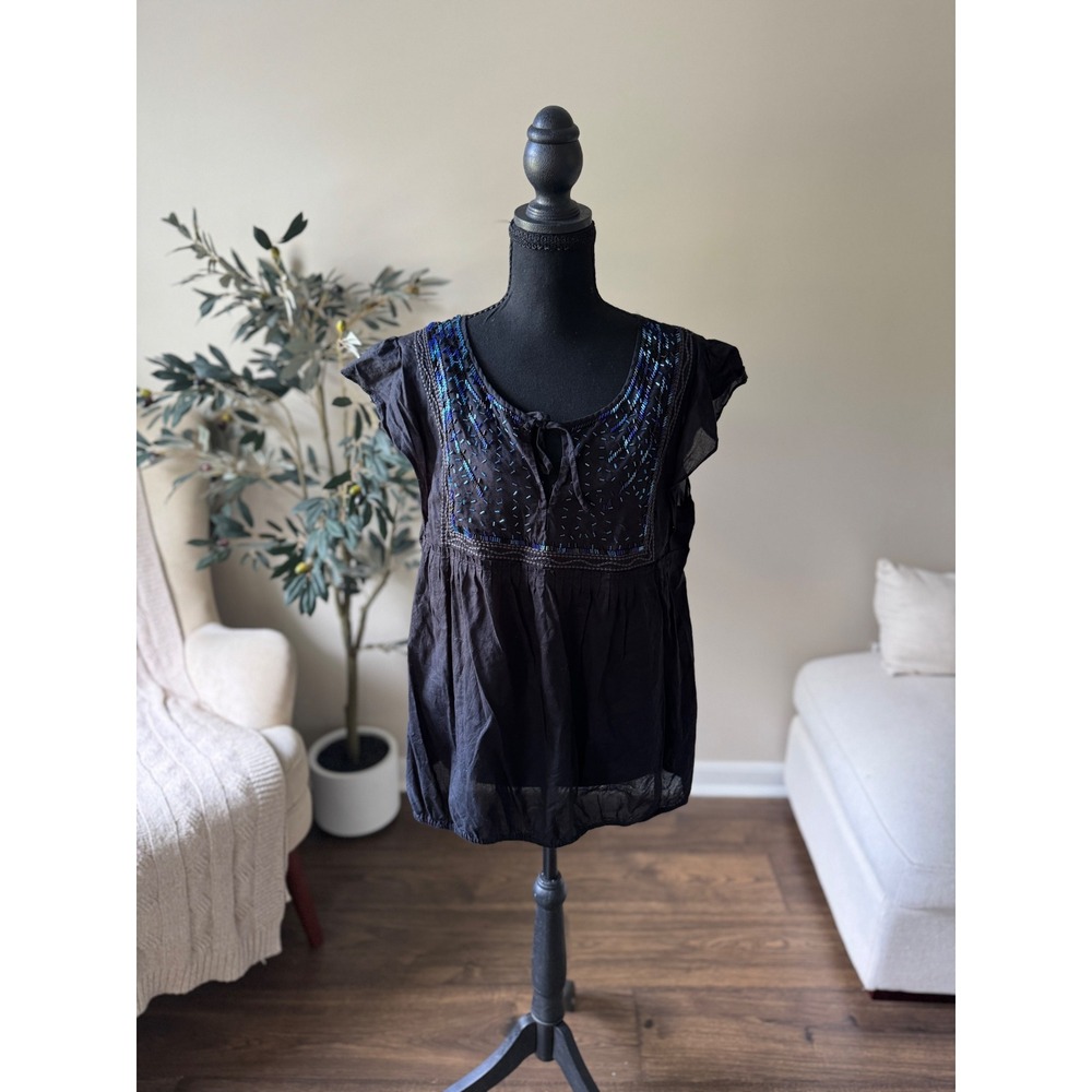 Express Black Lace Back Sequin Beaded Boho Blouse Top Large Flutter Sleeve